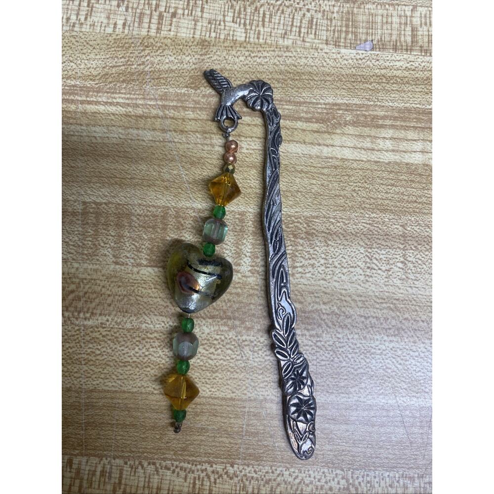 Handmade Hummingbird Bookmark Pewter Hook Beads Heart Charm